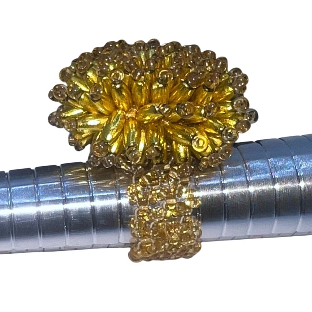 Gold Beaded Cocktail Ring Statement‎ Flower Adjustable Band Fashion Jewelry